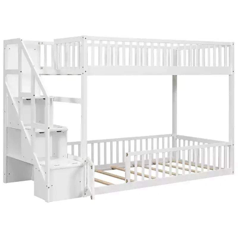 Letto a castello Twin su Twin con struttura e sponde a forma di staccionata, scaletta con contenitore