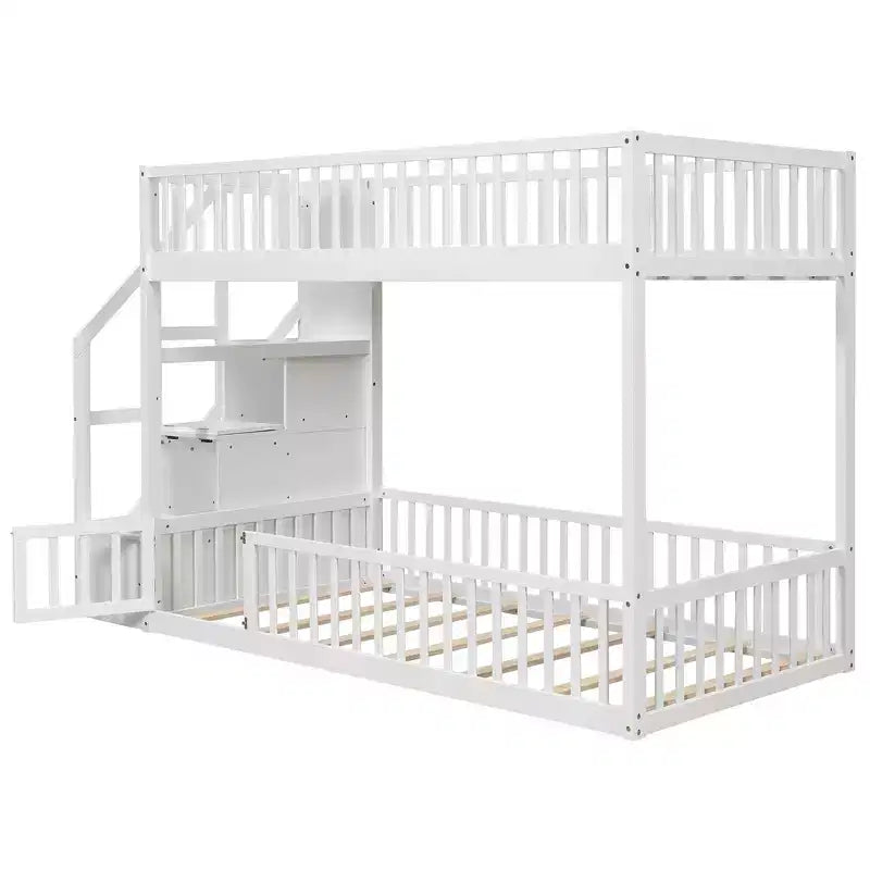 Letto a castello Twin su Twin con struttura e sponde a forma di staccionata, scaletta con contenitore