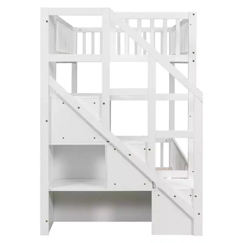 Letto a castello Twin su Twin con struttura e sponde a forma di staccionata, scaletta con contenitore