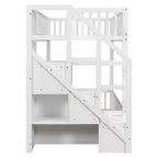 Letto a castello Twin su Twin con struttura e sponde a forma di staccionata, scaletta con contenitore