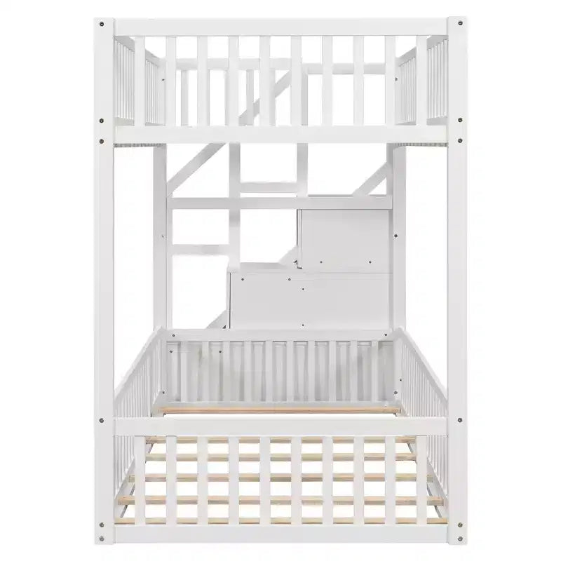 Letto a castello Twin su Twin con struttura e sponde a forma di staccionata, scaletta con contenitore