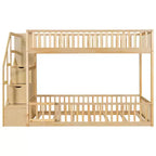 Letto a castello Twin su Twin con struttura e sponde a forma di staccionata, scaletta con contenitore