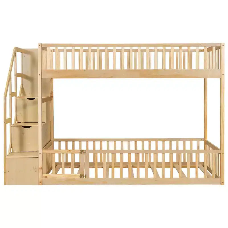 Letto a castello Twin su Twin con struttura e sponde a forma di staccionata, scaletta con contenitore