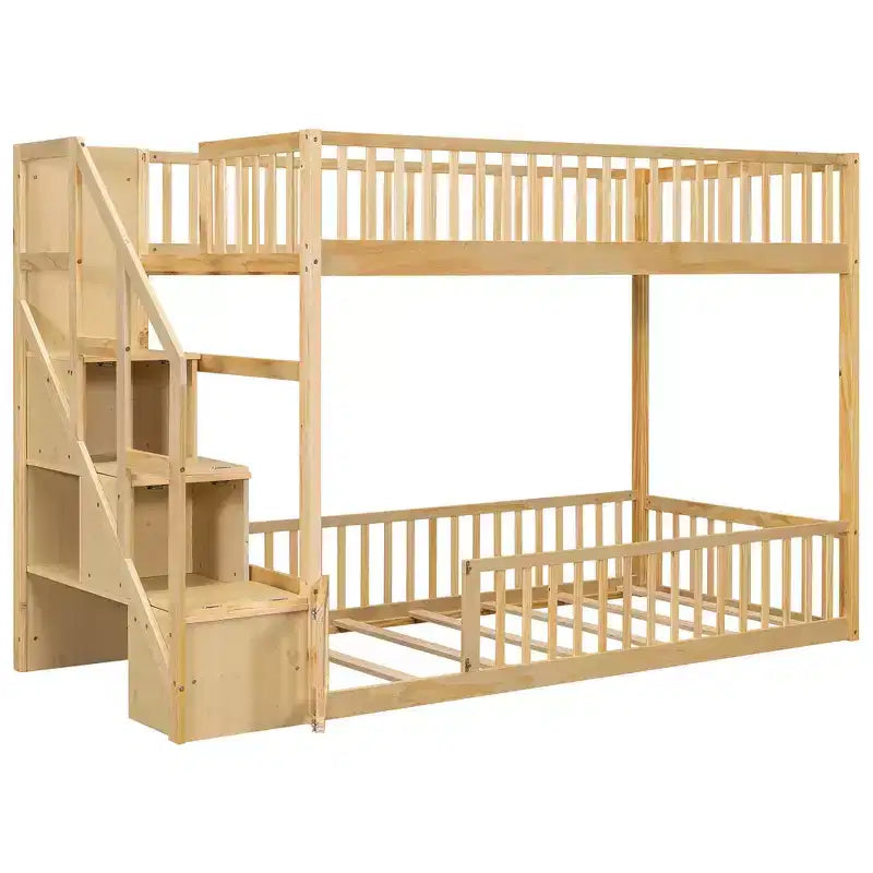 Letto a castello Twin su Twin con struttura e sponde a forma di staccionata, scaletta con contenitore