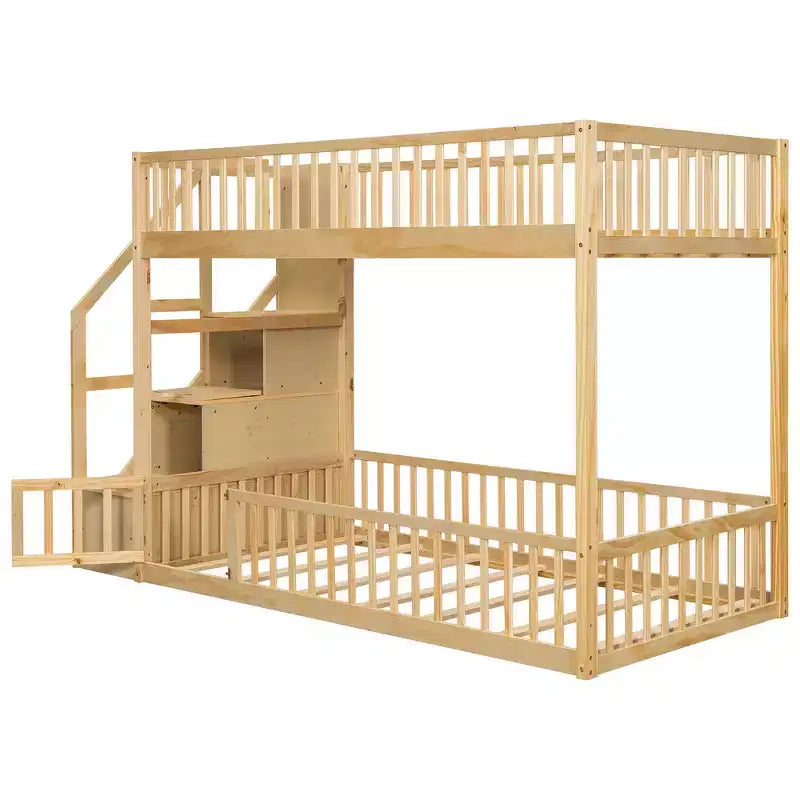 Letto a castello Twin su Twin con struttura e sponde a forma di staccionata, scaletta con contenitore