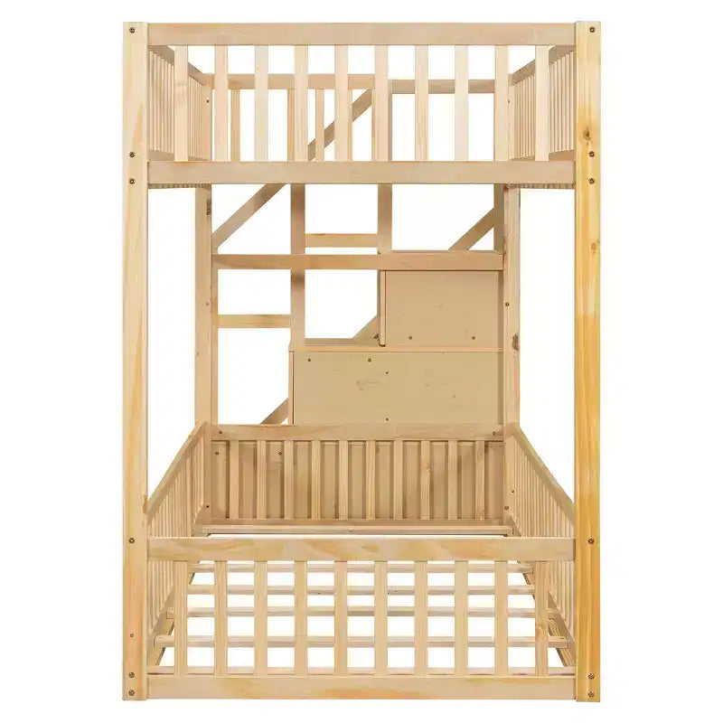 Letto a castello Twin su Twin con struttura e sponde a forma di staccionata, scaletta con contenitore