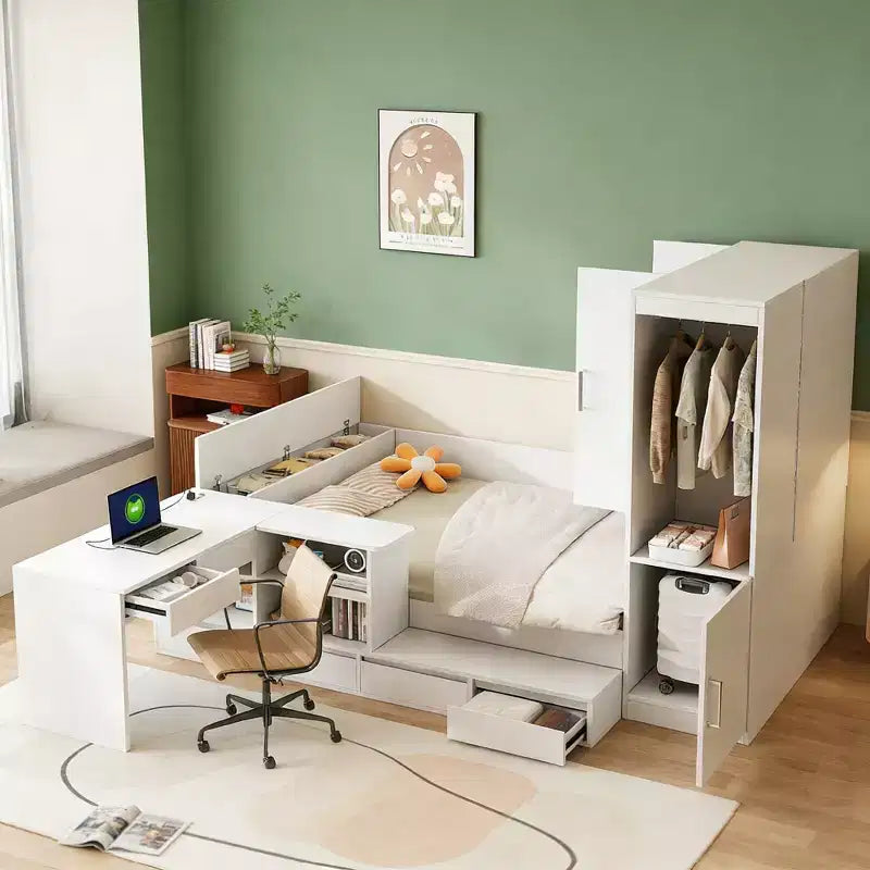 Letto completo con 6 cassetti, scrivania, armadio e guardaroba