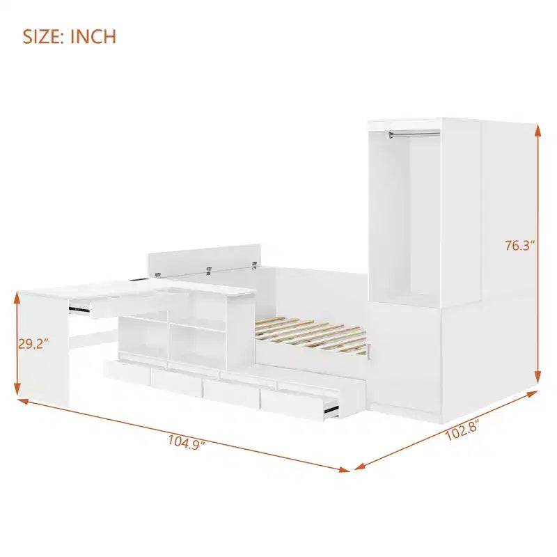 Letto completo con 6 cassetti, scrivania, armadio e guardaroba