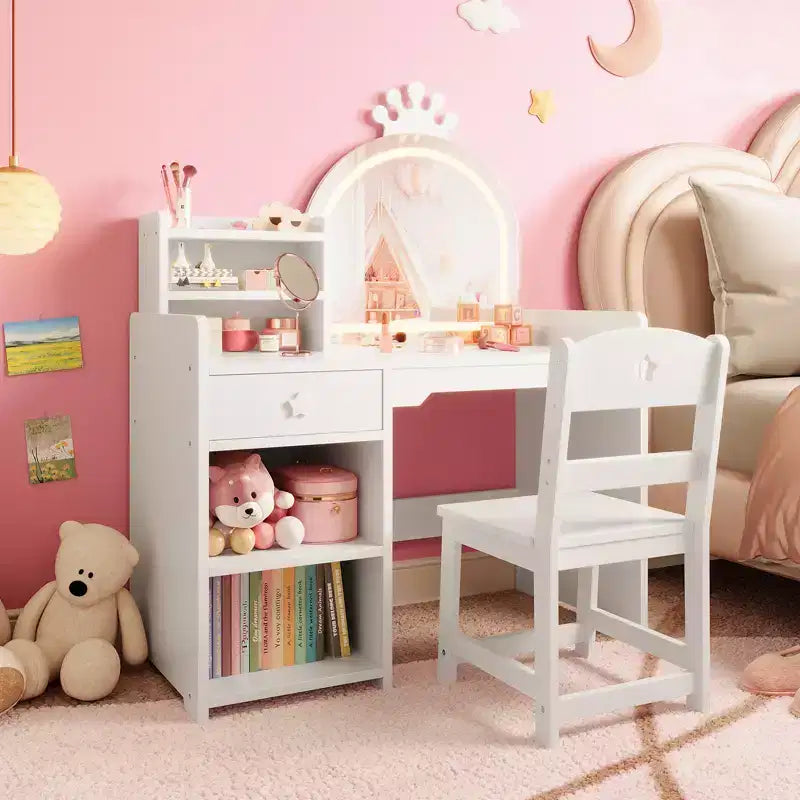 Tavolino da trucco per bambini con specchio a corona illuminato a LED, scrivania da trucco da principessa con cassetti e ripiani aperti, set da trucco con sedia per camera da letto