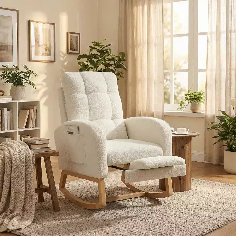 Sedia a dondolo da asilo nido con poggiapiedi - Poltrona a dondolo imbottita con schienale alto, poltrona moderna con braccioli, tasca laterale e gambe in legno per camera da letto, soggiorno