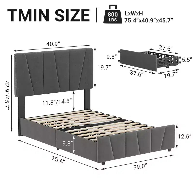 Telaio letto imbottito versatile con piattaforma, testiera regolabile, supporto con doghe in legno, nessun bisogno di rete, cassetti portaoggetti integrati