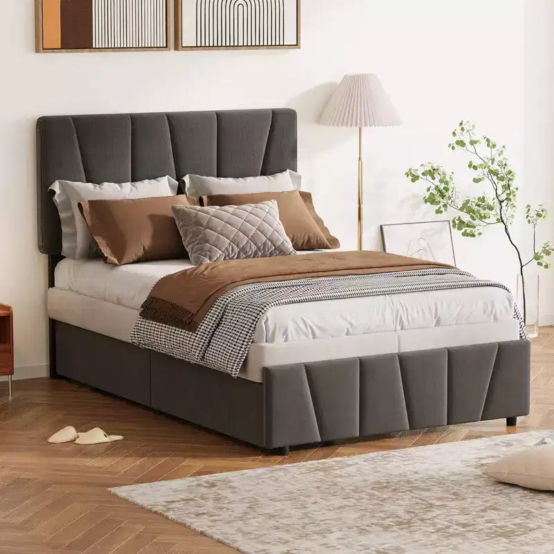 Telaio letto imbottito versatile con piattaforma, testiera regolabile, supporto con doghe in legno, nessun bisogno di rete, cassetti portaoggetti integrati