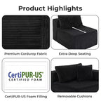 Divano componibile modulare Cloud 110 con chaise longue, divano a L con seduta profonda, divano componibile senza telaio rivestito in morbido velluto a coste