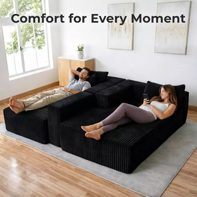 Divano componibile modulare Cloud 110 con chaise longue, divano a L con seduta profonda, divano componibile senza telaio rivestito in morbido velluto a coste