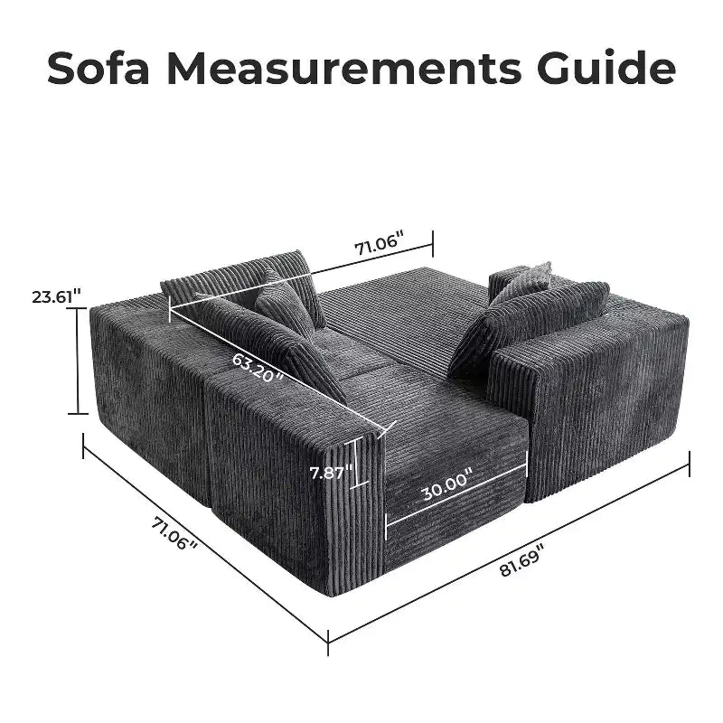 Divano componibile modulare Cloud 110 con chaise longue, divano a L con seduta profonda, divano componibile senza telaio rivestito in morbido velluto a coste