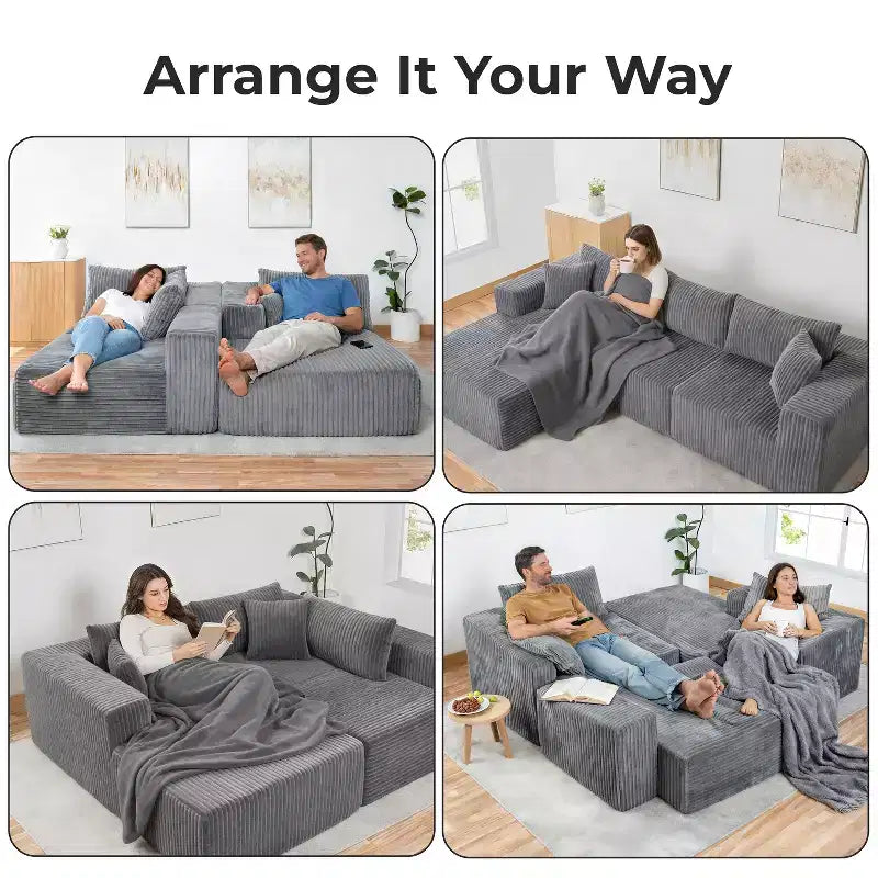 Divano componibile modulare Cloud 110 con chaise longue, divano a L con seduta profonda, divano componibile senza telaio rivestito in morbido velluto a coste