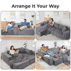 Divano componibile modulare Cloud 110 con chaise longue, divano a L con seduta profonda, divano componibile senza telaio rivestito in morbido velluto a coste
