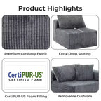 Divano componibile modulare Cloud 110 con chaise longue, divano a L con seduta profonda, divano componibile senza telaio rivestito in morbido velluto a coste