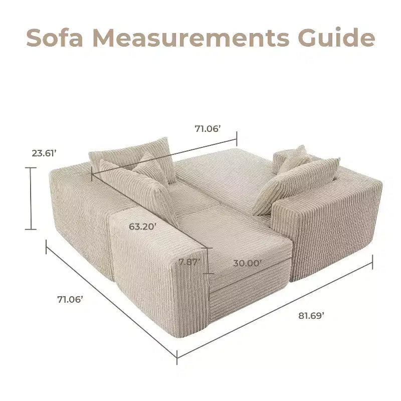 Divano componibile modulare Cloud 110 con chaise longue, divano a L con seduta profonda, divano componibile senza telaio rivestito in morbido velluto a coste