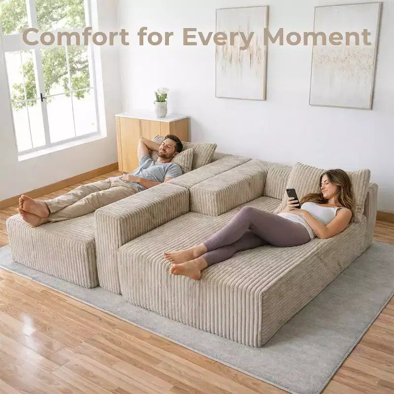 Divano componibile modulare Cloud 110 con chaise longue, divano a L con seduta profonda, divano componibile senza telaio rivestito in morbido velluto a coste