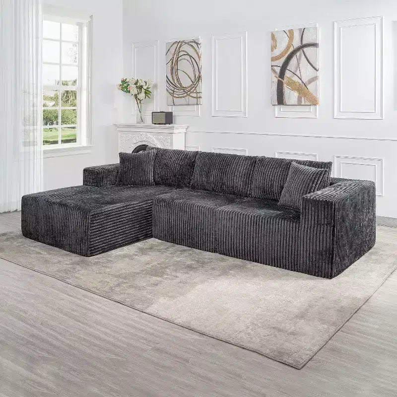 Divano componibile modulare Cloud 110 con chaise longue, divano a L con seduta profonda, divano componibile senza telaio rivestito in morbido velluto a coste