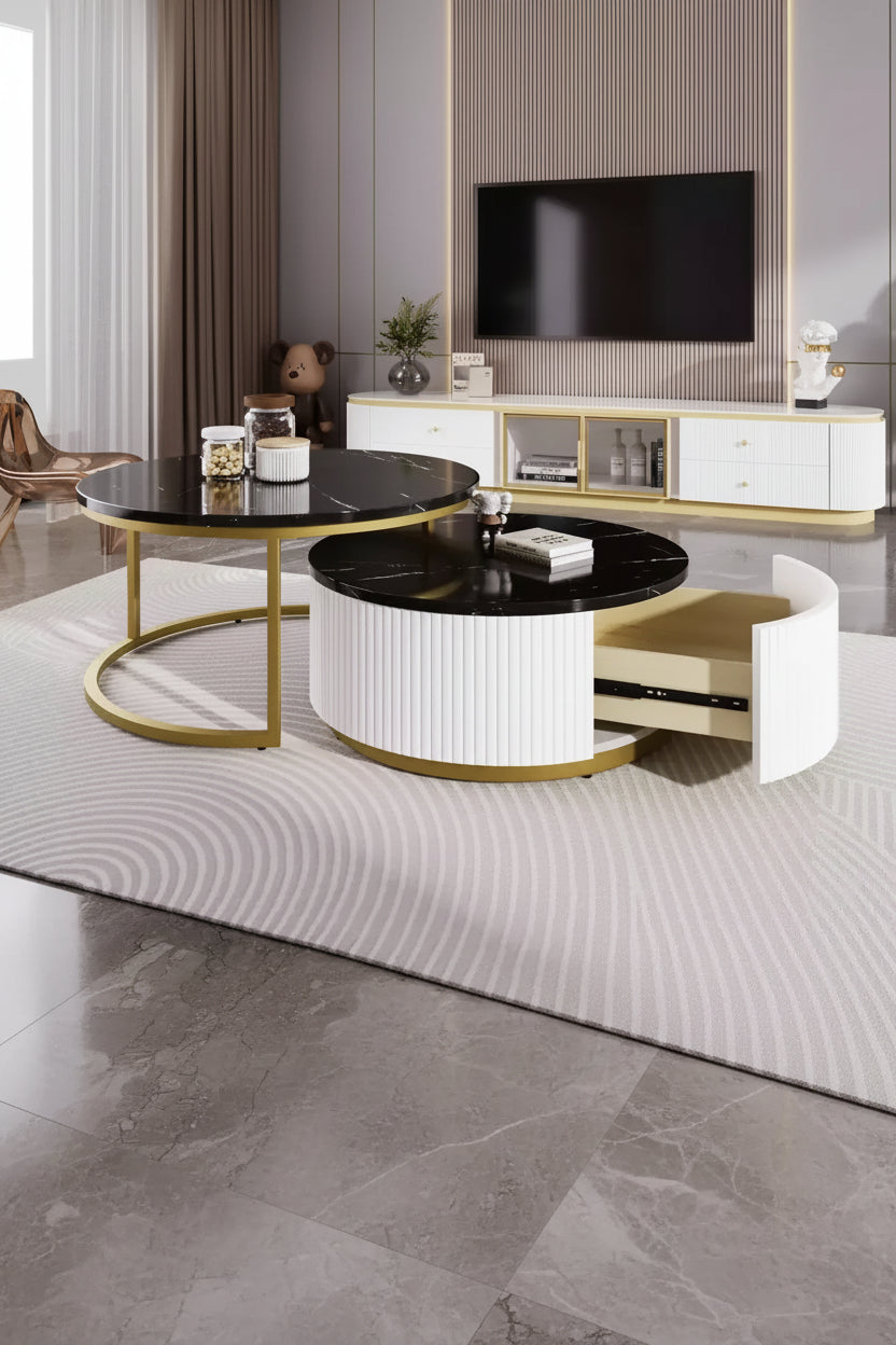 Whisen Modern Round Nesting Coffee Table Set with Fluted Base, Drawer