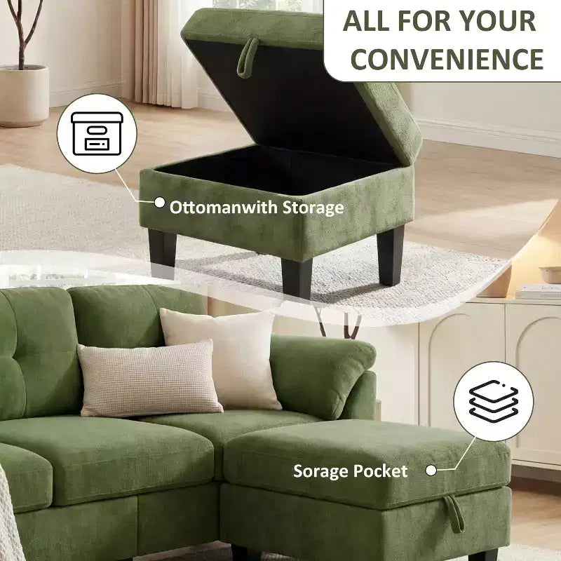 Divano a tre posti in stile moderno da 79 pollici, con pouf mobile e pouf contenitore