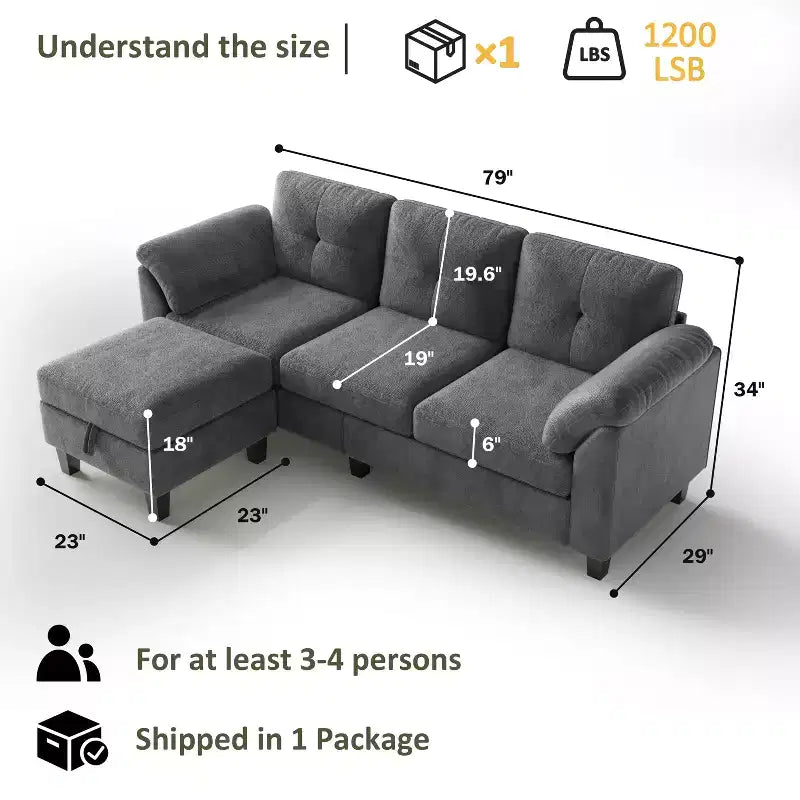 Divano a tre posti in stile moderno da 79 pollici, con pouf mobile e pouf contenitore