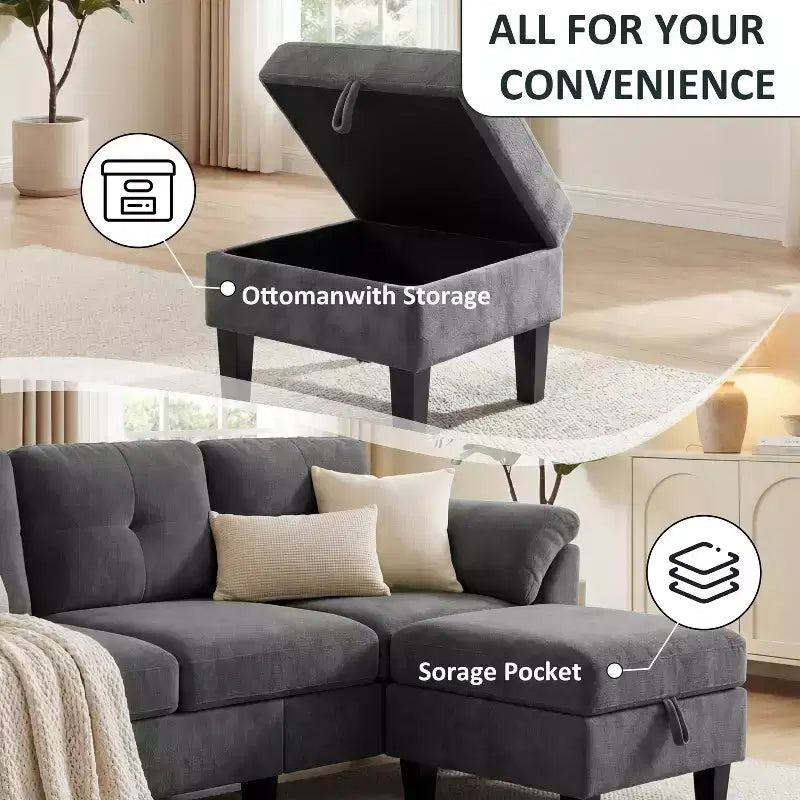 Divano a tre posti in stile moderno da 79 pollici, con pouf mobile e pouf contenitore