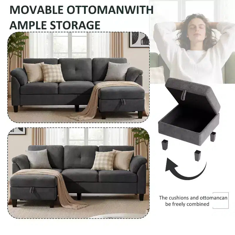 Divano a tre posti in stile moderno da 79 pollici, con pouf mobile e pouf contenitore