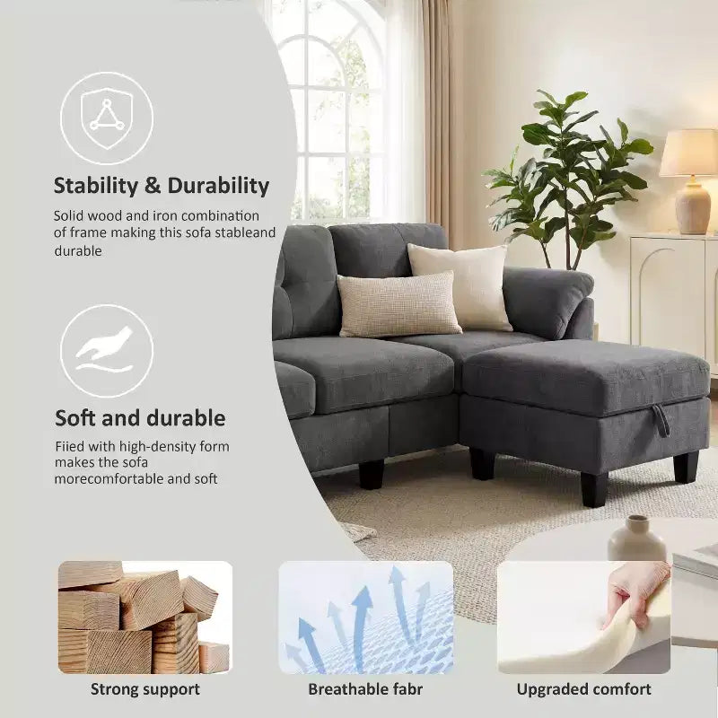 Divano a tre posti in stile moderno da 79 pollici, con pouf mobile e pouf contenitore
