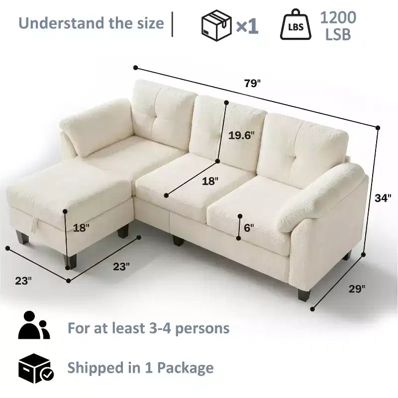 Divano a tre posti in stile moderno da 79 pollici, con pouf mobile e pouf contenitore