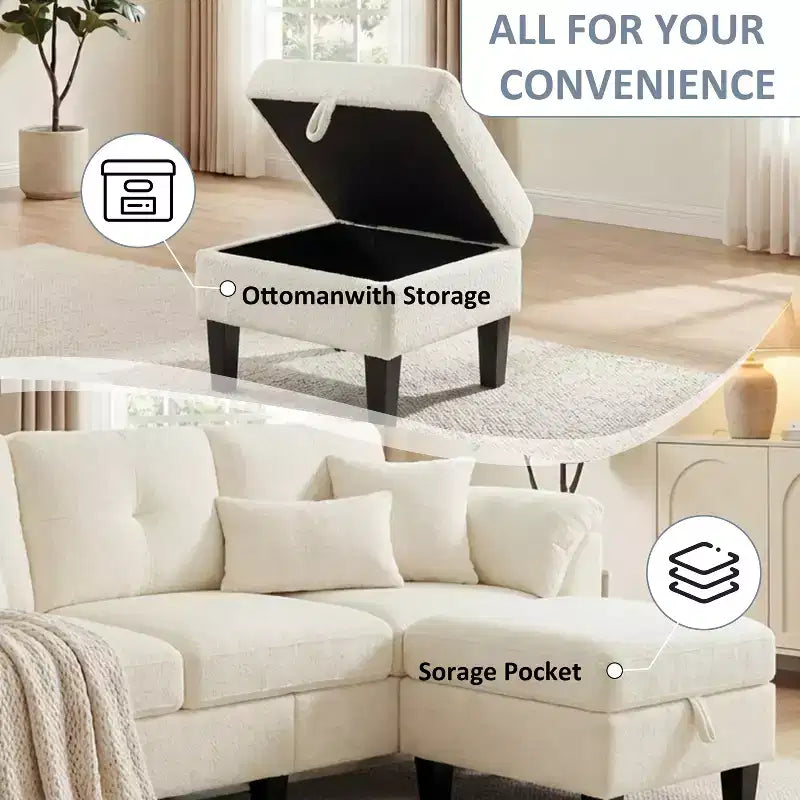 Divano a tre posti in stile moderno da 79 pollici, con pouf mobile e pouf contenitore