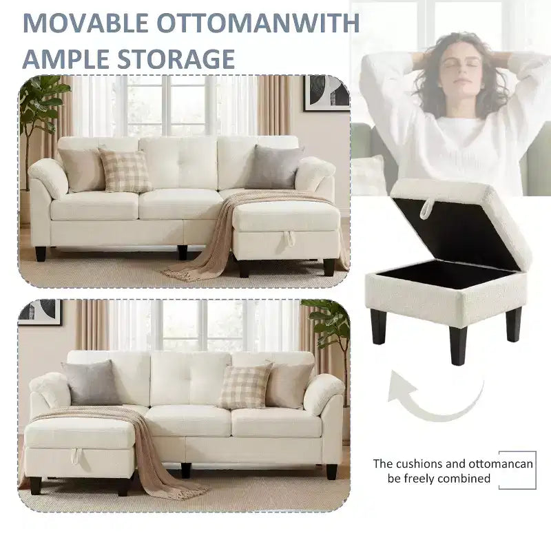 Divano a tre posti in stile moderno da 79 pollici, con pouf mobile e pouf contenitore