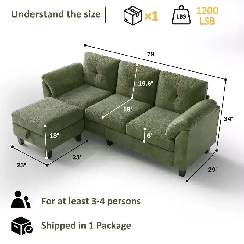 Divano a tre posti in stile moderno da 79 pollici, con pouf mobile e pouf contenitore