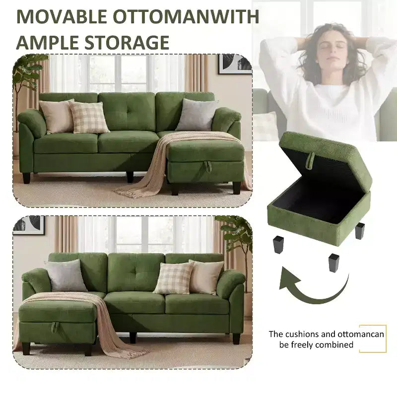 Divano a tre posti in stile moderno da 79 pollici, con pouf mobile e pouf contenitore