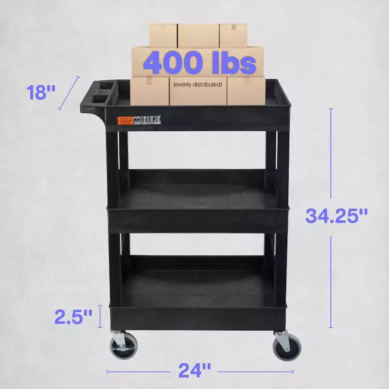 Carrello multiuso compatto a tre ripiani, 24 L x 18 P x 34,25 H