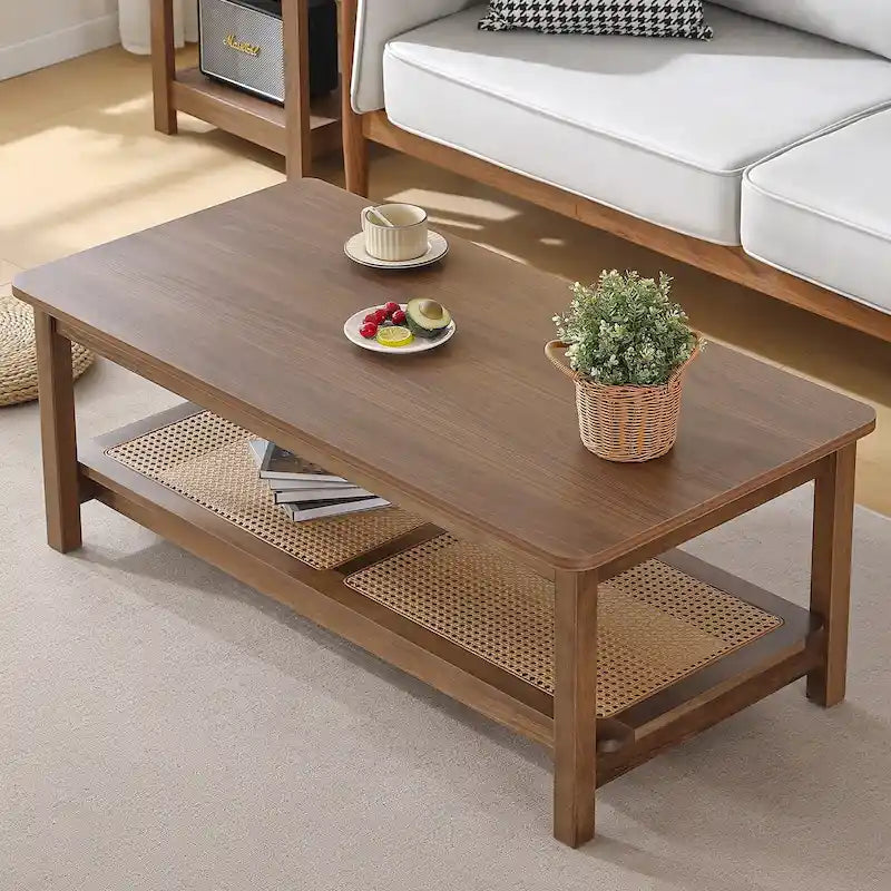 Tavolino rettangolare a 2 ripiani con ripiano contenitore in rattan - 47.2L x 23.6W x 17.7H