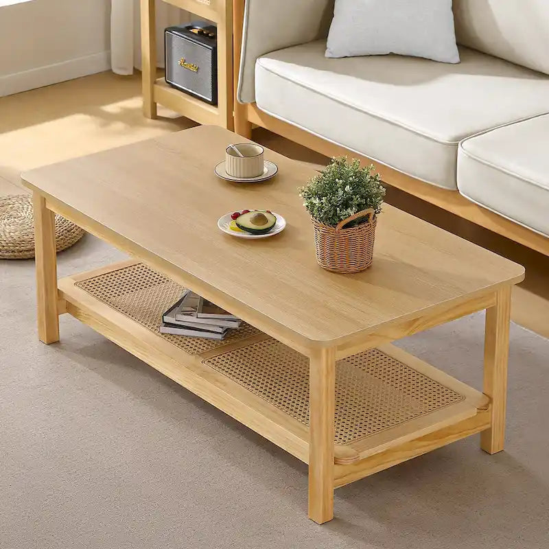 Tavolino rettangolare a 2 ripiani con ripiano contenitore in rattan - 47.2L x 23.6W x 17.7H