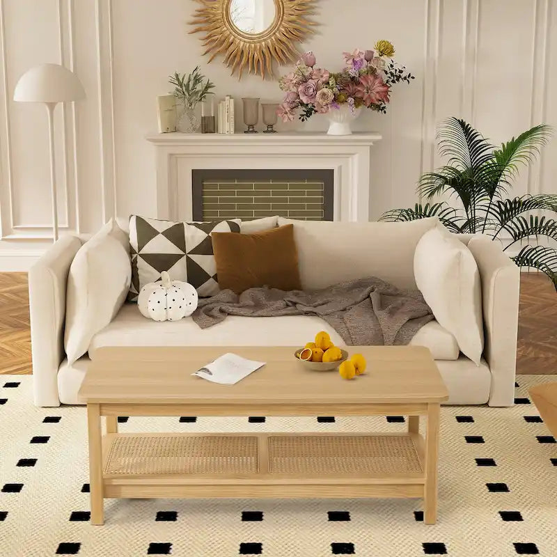2-Tier Rectangular Coffee Table with Rattan Storage Shelf - 47.2L x 23.6W x 17.7H