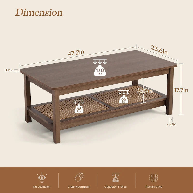 2-Tier Rectangular Coffee Table with Rattan Storage Shelf - 47.2L x 23.6W x 17.7H