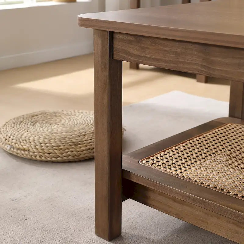 2-Tier Rectangular Coffee Table with Rattan Storage Shelf - 47.2L x 23.6W x 17.7H