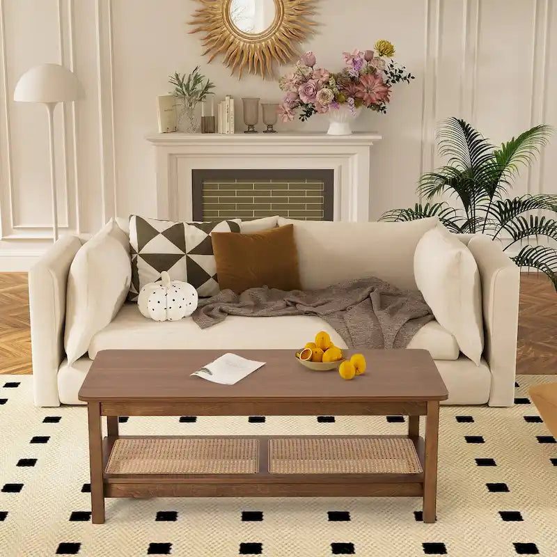 2-Tier Rectangular Coffee Table with Rattan Storage Shelf - 47.2L x 23.6W x 17.7H