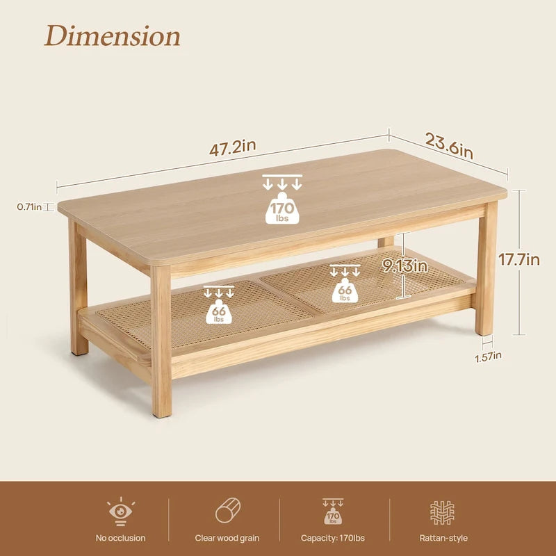 2-Tier Rectangular Coffee Table with Rattan Storage Shelf - 47.2L x 23.6W x 17.7H