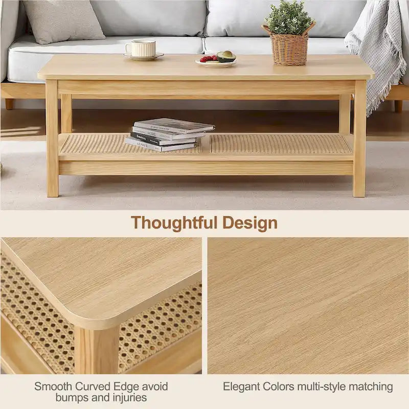 2-Tier Rectangular Coffee Table with Rattan Storage Shelf - 47.2L x 23.6W x 17.7H