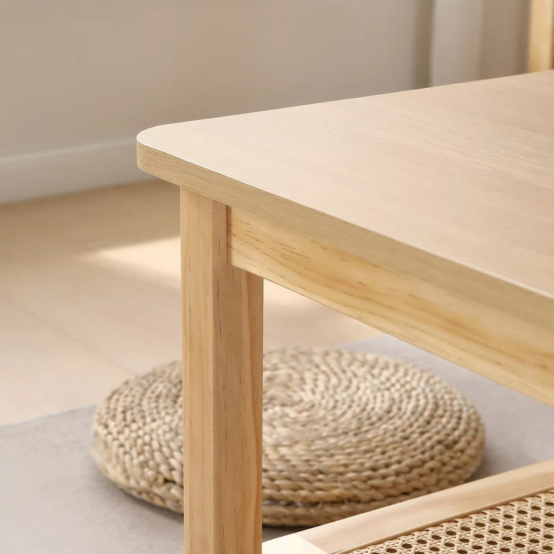 2-Tier Rectangular Coffee Table with Rattan Storage Shelf - 47.2L x 23.6W x 17.7H