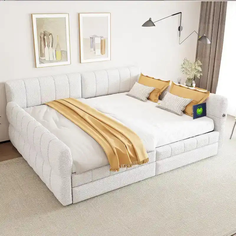 Polsterbett in Queensize mit USB-Ladeanschluss - Plattformbettgestell mit 2 Aufbewahrungsschubladen - luxuriöses Stoffkopfteil inklusive