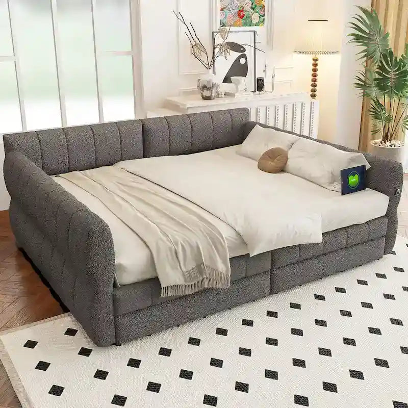 Queen Size Upholstered Bed with USB Charging - Platform Bed Frame with 2 Storage Drawers - Luxurious Fabric Headboard Included