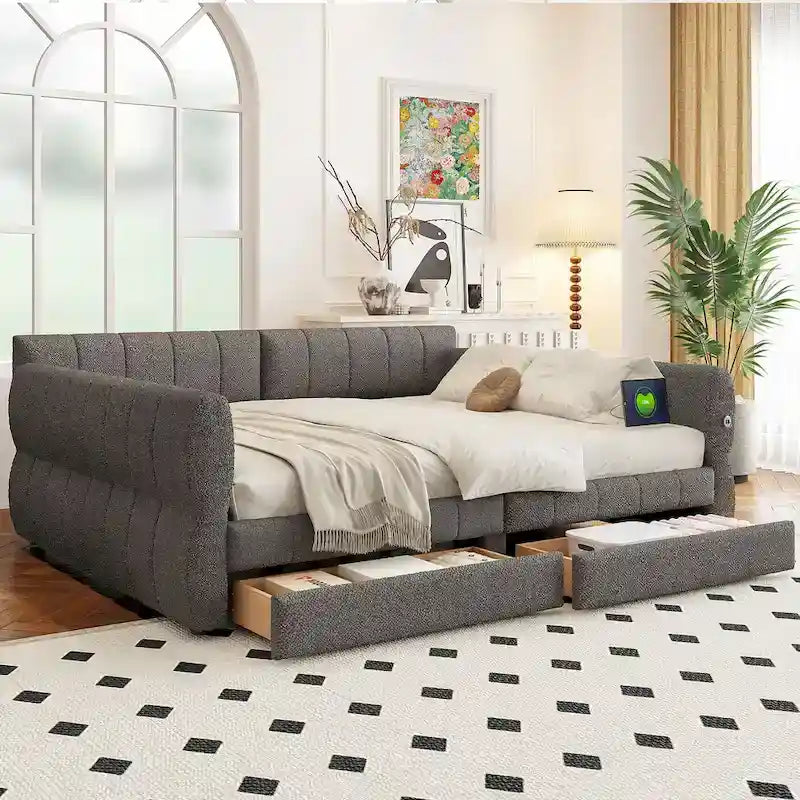 Polsterbett in Queensize mit USB-Ladeanschluss - Plattformbettgestell mit 2 Aufbewahrungsschubladen - luxuriöses Stoffkopfteil inklusive