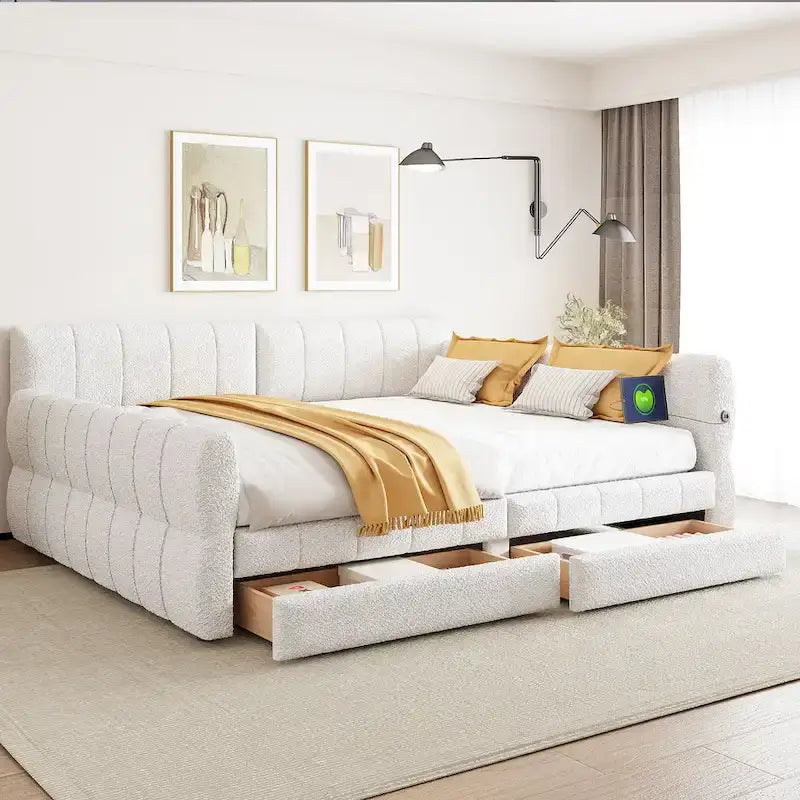 Polsterbett in Queensize mit USB-Ladeanschluss - Plattformbettgestell mit 2 Aufbewahrungsschubladen - luxuriöses Stoffkopfteil inklusive